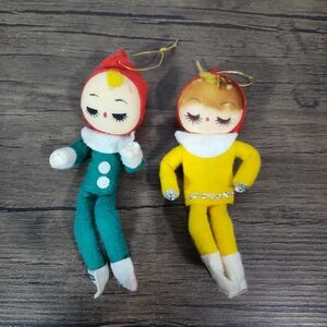 Vintage Face Felt Pixie Elf Christmas Ornaments Lot 2 Japan